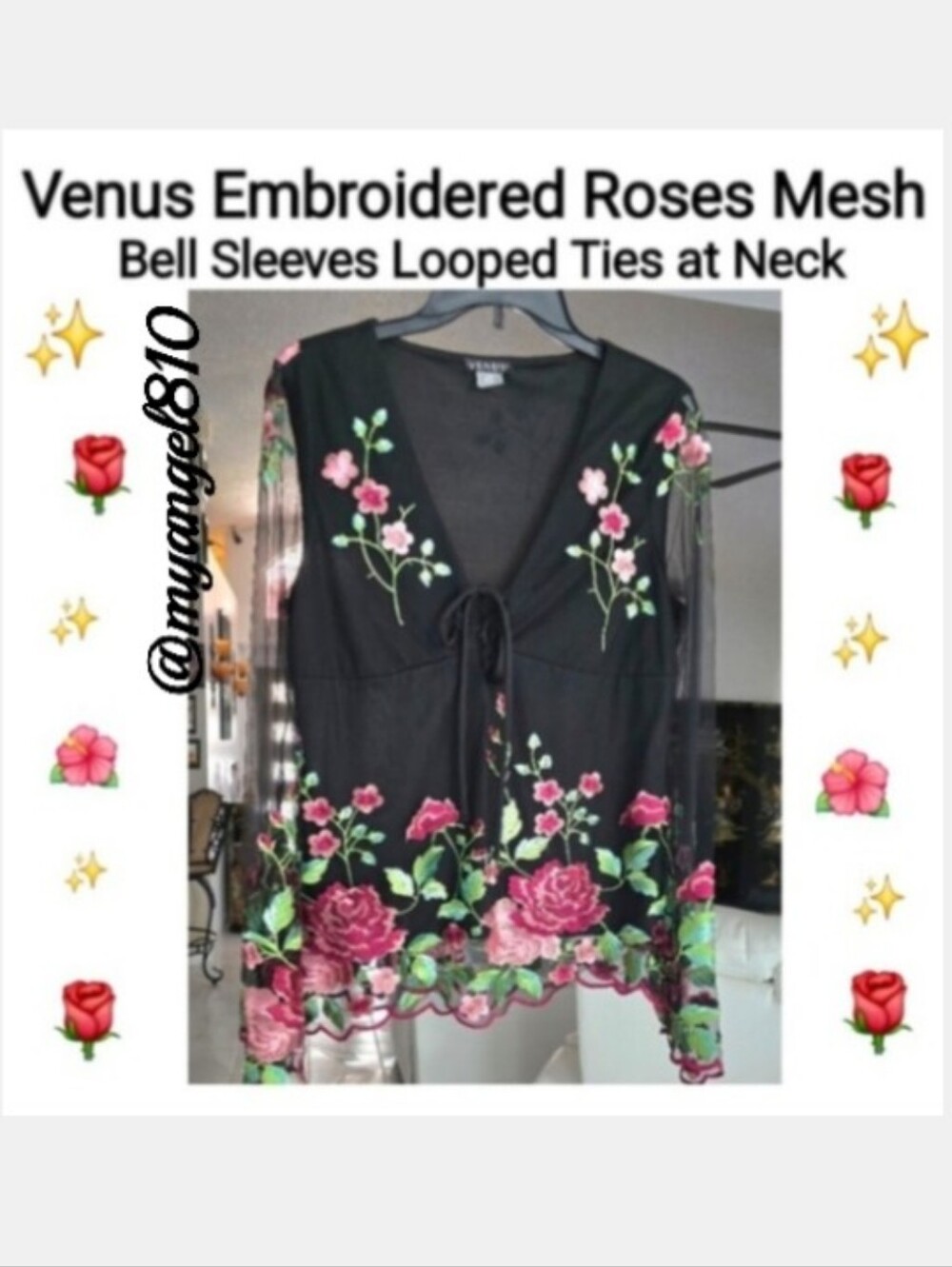 VENUS Black Top with Pink and Green Floral Detail, Size M